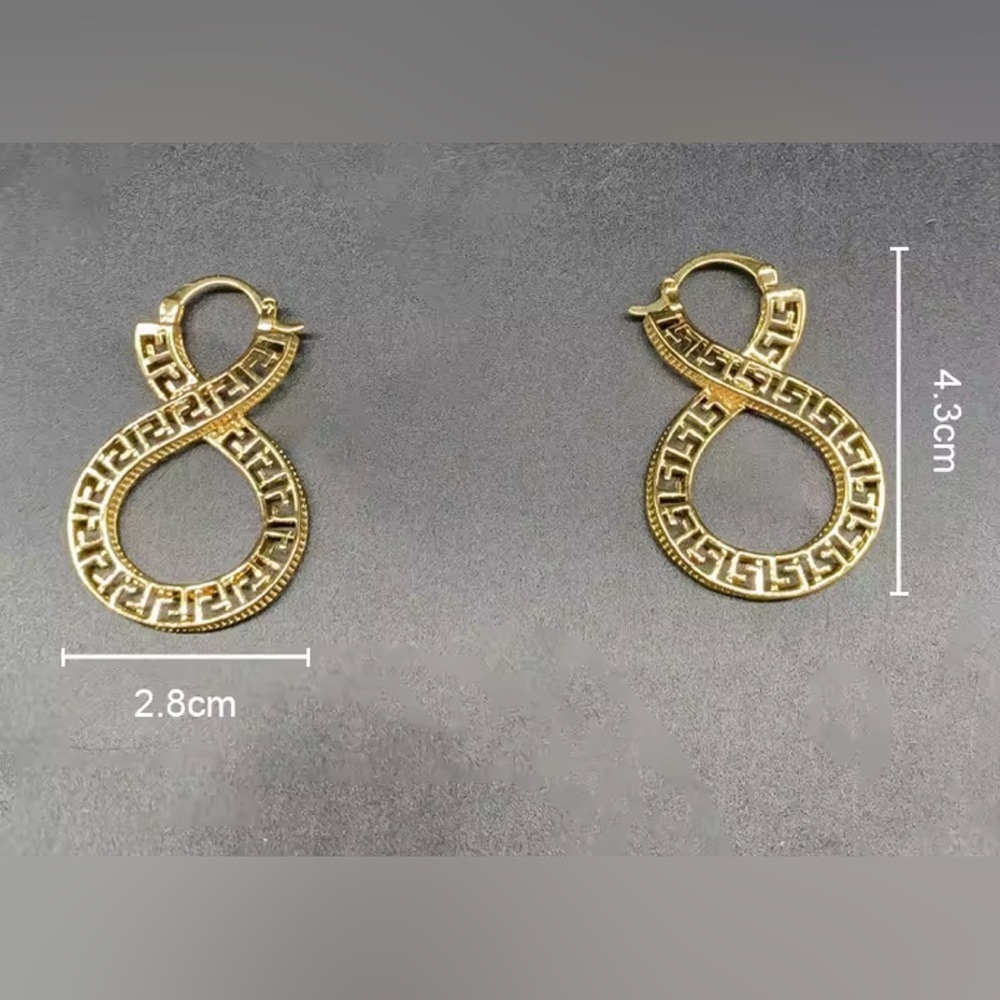 18K Gold Infinity Shape Hoop Style Earrings With Greek Style Design - Picture 7 of 7